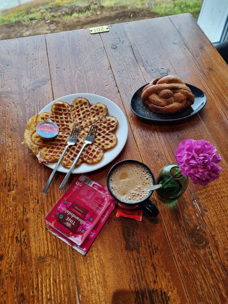 Traditional local snack with waffles and brown cheese